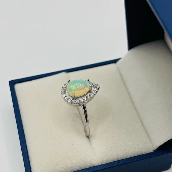 Pear Cut Natural White Opal and White Topaz Ring - Picture 7 of 8